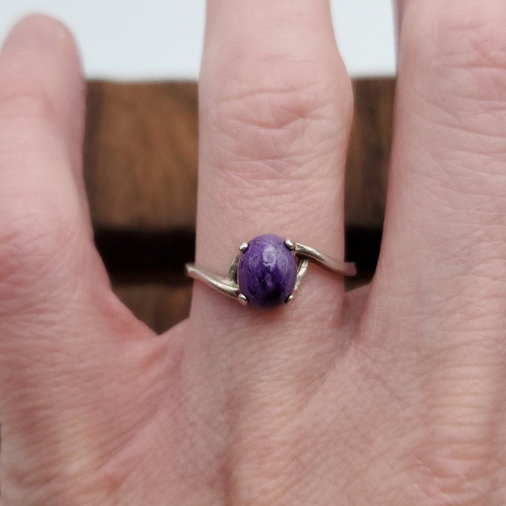 Size 6.5 925 Sterling Silver Rustic Cute Two Tone Purple Stone Ring